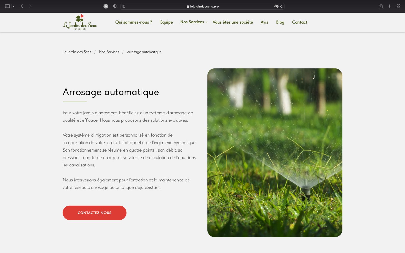 Страница «Автоматический полив» сайта Le Jardin des Sens