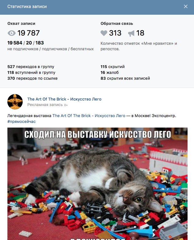 Статистика рекламной записи: охват 19 787, 313 отметок «Нравится»