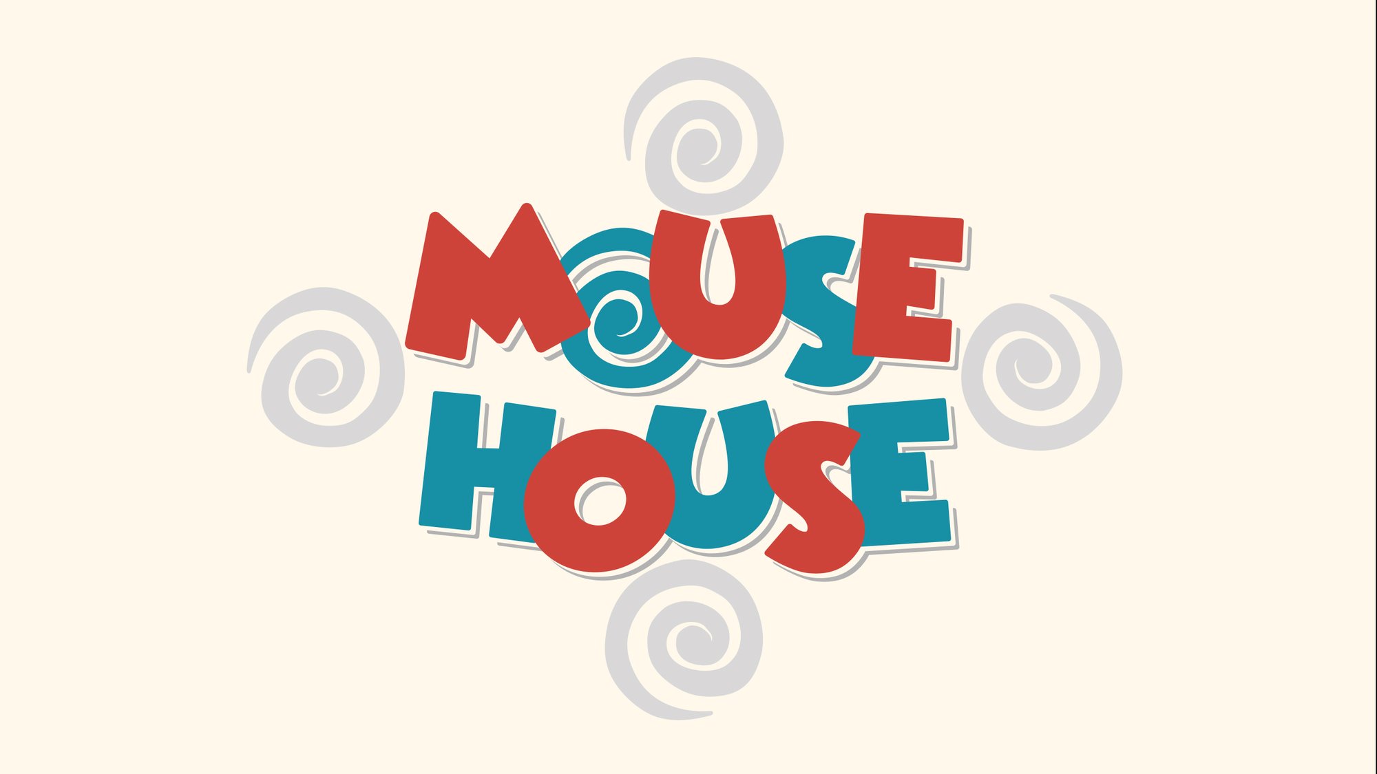 Логотип Mouse House из брендбука: красно-бирюзовые буквы и завиток вместо буквы «о»